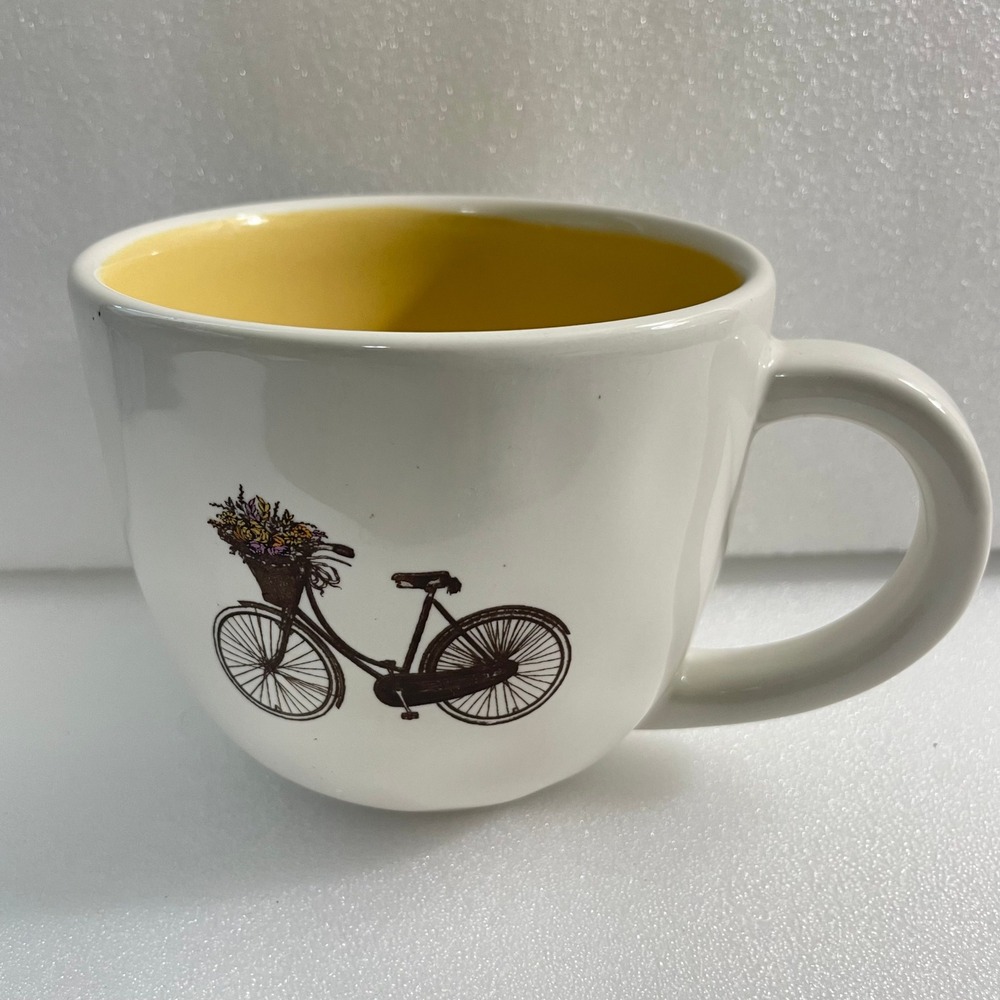 Magenta Exclusive Bicycle Flower Basket Coffee Mug White Yellow Interior Ceramic